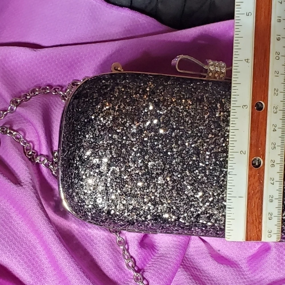 Vintage Black Silver Sequin Evening Bag with Chain
